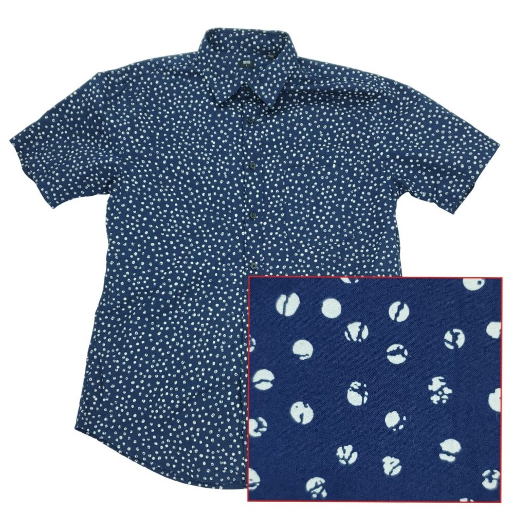 Uniqlo Button Shirt Mens Large Blue Abstract Dots Pocket All Over Print AOP